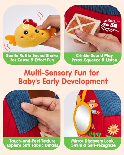 hahaland Baby Toys 6-12 Months - Surprise Barn Stuffed Farm Animals, Rattle, Crinkle, Mirror, Montessori Toys for 6 Month Old Sensory Balls 1-3, Baby Boy Gifts, Farm Plush Toys for Babies Travel Toy