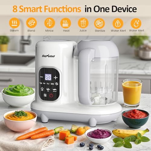 SUNVIVIPRO All-in-one Baby Food Maker: Baby Food Processor Blender Combo with Self Clean & LCD Display, Baby Food Puree Maker with Steam, Heating & Stirring, White Steamer Container Grinder