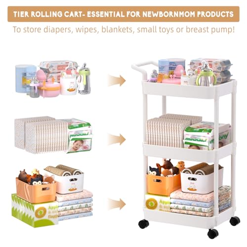 Volnamal Baby Diaper Caddy, Plastic Movable Cart for Newborn Nursery Essentials Diaper Storage Organizer for Changing Table & Crib, Easy to Assemble, Baby Registry, Off-White