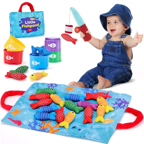 hahaland Montessori Toys for 1 Year Old Boy Girl Birthday Gift - 10 in 1 Cloth Fishing Game Toddler Toys with Stacking Cups - Number Counting, Color Sorting Learning