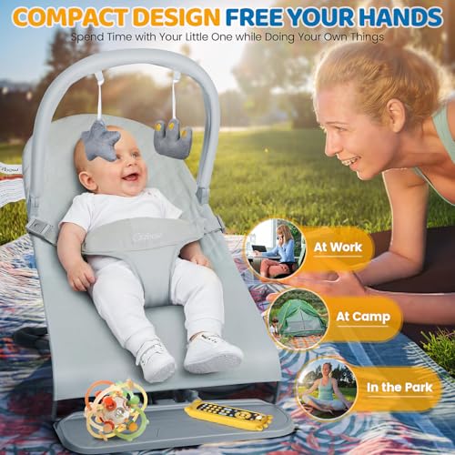 Orzbow Baby Bouncer, Portable Baby Bouncer Seat for 0-18 Months Up to 20 lbs - 3 Recline Positions, Foldable Infant Bouncy Seat with Removable Play Bar, Ergonomic Design, Grey