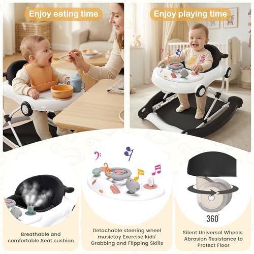 Baby Walker, 5-in-1 Baby Walker for Boys and Girls with Bouncer, Removable Footrest, Music, Foldable & Adjustable Speed Wheels Activity Walker for 6-18 Months Toddler Infant(Black)