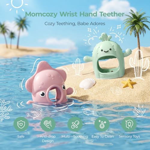 Momcozy Baby Teething Toys, Food Grade Silicone Baby Teether，Teething Mitten for Babies 0–6 Months，Teethers for Babies 6–12 Months，Anti Drop Wrist Teether with Multiple Chew Points， Mint Green