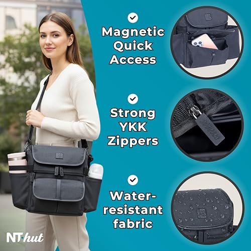 NT·hut Baby Stroller Organizer, Stroller Caddy , 2 Wide Cup Holders & Stability Bottle Straps, Adjustable Shoulder Strap, Fits 11" Tablet, Magnetic Pocket, YKK Zippers & Mesh Pockets, Waterproof