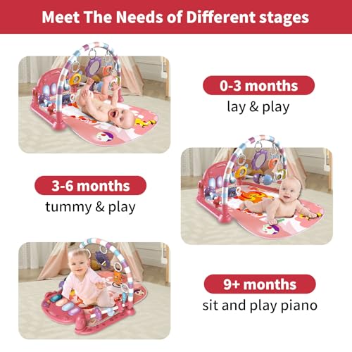 Baby Gym Play Mat, Piano Kick and Play Lights and Music Tummy Time Toys Infant Musical Activity Gym Mat for Visual, Hearing, Sensory, Gift Suitable for Newborns Aged 0 to 3 6 9 12 Months (Pink)