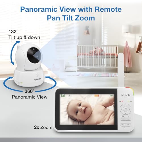 VTech Baby Monitor No WiFi, 5" Screen & Remote Pan-Tilt-Zoom for Newborns – Hack-Proof, 17Hr Battery, 1000ft Range, Auto Night Vision, Temperature Sensor, Two-Way Talk | VM924