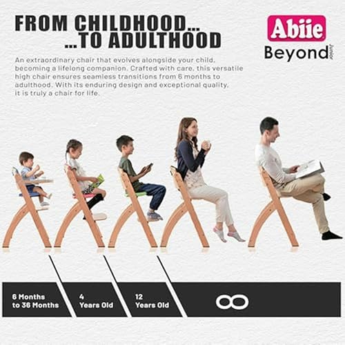 Abiie Beyond Junior Wooden High Chair for Babies and Toddlers - Convertible 3-in-1 Baby Highchair with Removable Tray - 6 Months to 250 Lb - Water Resistant - Natural Wood/Dove Grey Cushion