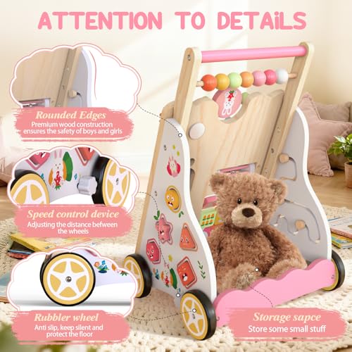 Wooden Baby Walker, Push Walker with Wheels, Montessori Activity Center Walker for Toddlers 12+ Months, Adjustable Height & Speed Learning Walking Toy for 1 Year Old Boys and Girls (Pink)
