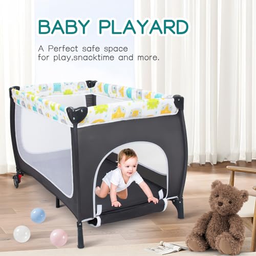 ANNA QUEEN 4 in 1 Pack and Play,Portable Baby Crib Deluxe Nursery Center, Foldable Travel Playard,Adjustable Canopy,Music Box,Changing Table for Newborn, Infant,Toddler