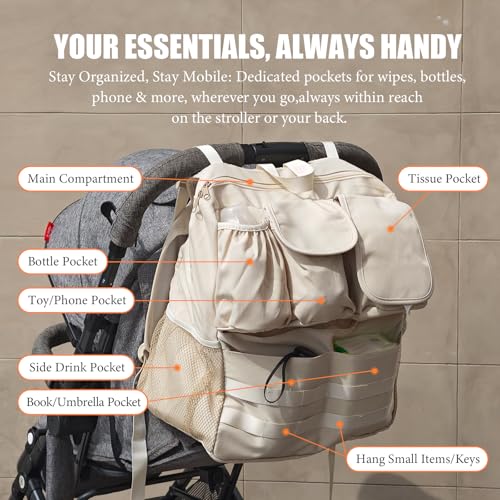 JIYIFOUHY 2-in-1 Stroller Organizer Baby Diaper Bag Backpack,Insulated Bottle Holder,Wipes and Phone Pocket,Shoulder Strap Toddler Travel Essential Storage Universal Stroller Accessory (Beige)