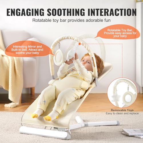 VEVOR Baby Bouncer, Folding Bouncer Seat for Babies 0-9 Months, Portable Baby Bouncer Seat with 2 Reclining Angles, Rotatable Toy Bar & Carrying Bag, Ideal for Indoors Outdoors, Beige