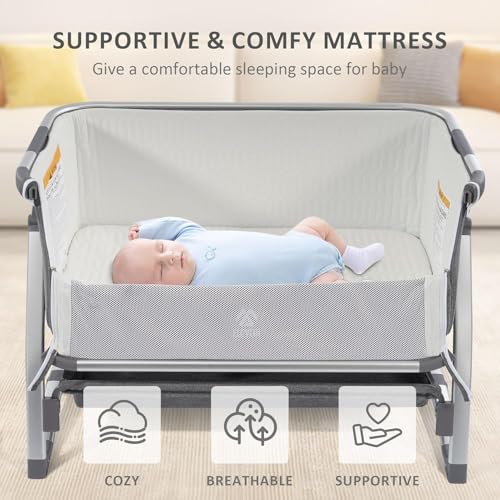 Elevon Bedside Bassinet, 4-in-1 Baby Bedside Sleeper with Rocking Mode, Breathable Mesh, Built-in Wheels, Adjustable 7 Heights, Portable Infant Bassinet with Mattress and Storage