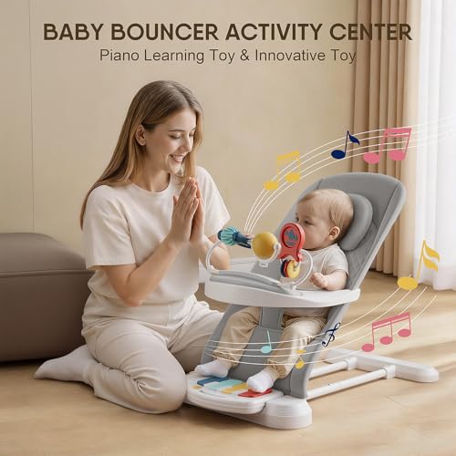 Monamii Baby Bouncer, Baby Bouncer Seat with Detachable Pianos & Feeding Tray, 3-Level Adjustable Positions Bouncing Seat, Infant Bouncer Seat and Toddler Chair (Grey)