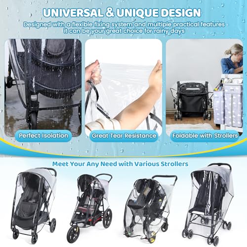 Clear Stroller Rain Cover for Travel Strollers, Waterproof Recessed Zipper Design, Breathable Mesh Vents, Easy Access, Protects from Rain Wind Dust Snow