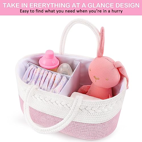 ABenkle Diaper Caddy Organizer, Cotton Rope Nursery Storage Basket Pink