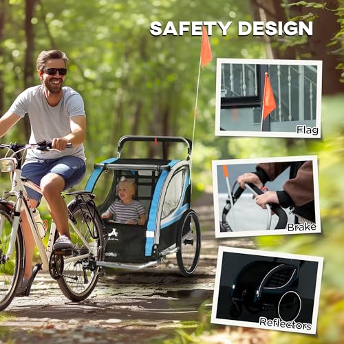 Aosom 3-in-1 Walk/Jog/Ride Child Baby Bike Trailer for Kids 2 Seater, High-Visibility Bike Stroller for Toddler Wagon, Weather-Strong Double Bicycle Trailer Accessory, Blue