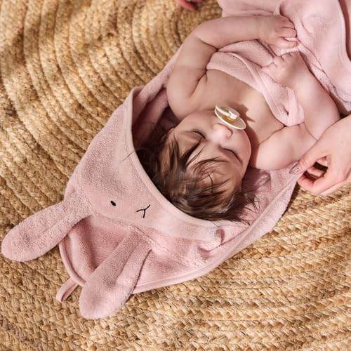 Huxie Hooded Baby Towel – 100% Organic Cotton Baby Bath Towels – Baby Girl Newborn Essentials - Super-Soft and Absorbent. (Rabbit - Blush)