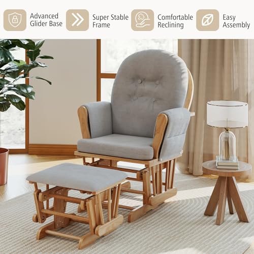 Costzon Nursery Glider with Ottoman, Upholstered Comfort Glider Rocker with Padded Cushion, Storage Pocket, Solid Wood Base, Rocking Chair Nursery for Breastfeeding, Napping (Natural)