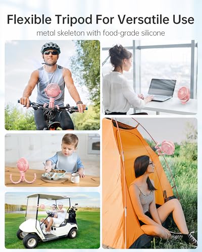 Coohea Stroller Fan Rechargeable Battery Powered Portable Fans, Head Detachable 360° Rotatable Clip on Fan, 3 Speed Quiet Small Mini Fans with Light Night for Carseat, Bed, Crib, Bike, Travel, Pink