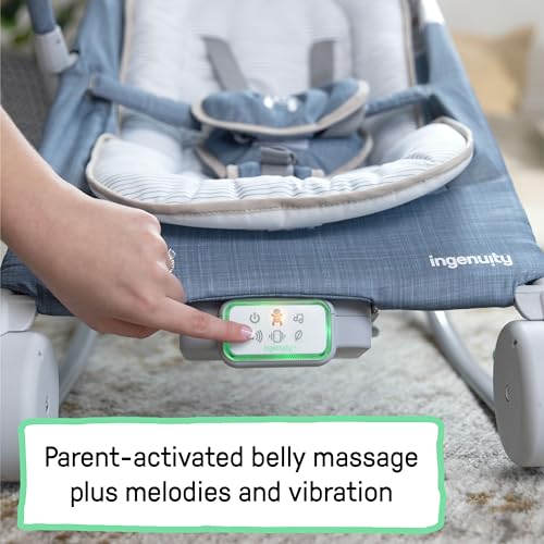 Ingenuity Gas Relief and Anti-Colic Baby Bouncer Seat and Rocker, Gentle Belly Massage to Relax and Soothe Bellies, Instant Tummy Soother, 20 Songs and Melodies – Chambray Blue