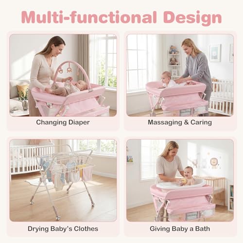 BABY JOY Portable Baby Changing Table, Foldable Diaper Changing Station with Wheels, Adjustable Height, Large Storage Rack, Removable Activity Arch, Mobile Nursery Organizer for Newborn Infant (Pink)