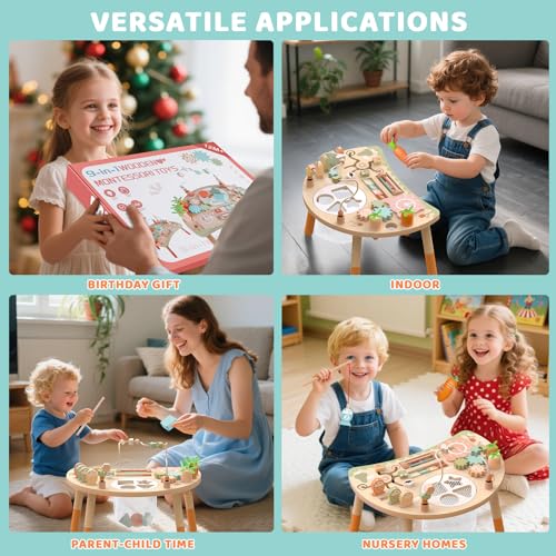 Hewaurorion Wooden Activity Table for Toddlers 1-3, 9 in 1 Montessori Sensory Table with Bead Maze Shape Sorter Fishing Game, Baby Activity Table Learning Toys for 1 2 3 Year Old Boys Girls