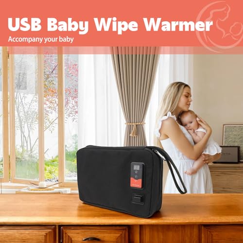 USB Baby Wipe Warmer, Portable Car Wipes Heater Warmer with 30°C to 60°C Adjustable Heating Temperature, Up to 80Pcs Wipes Capacity, for Home, Travel, Camping