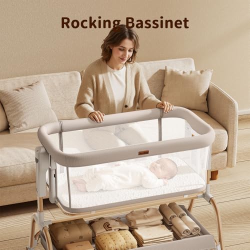 NeoBorn 3 in 1 Baby Bassinet, Bedside Bassinet for Baby, Rocking Bassinet with Breathable Full-Mesh, Mattress and Soft Sheet, Adjustable Height, Stable and Secure Crib for Newborns