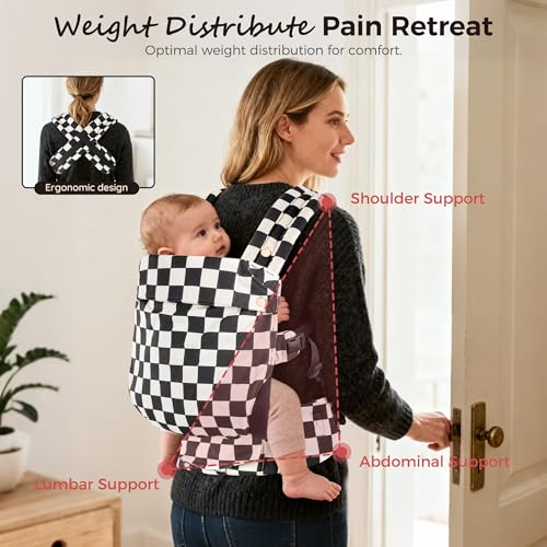 Baby Carrier Newborn to Toddler- 100% Pure Cotton Double-Side Skin-Friendly Baby Carrier,3 Carry Positions Newborn Carrier, Ergonomic,Cozy and Lightweight Infant Carrier for 7-40lbs,Checkerboard
