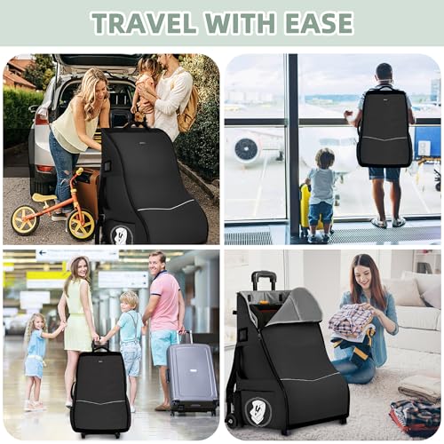 Wurzfolk Rolling Car Seat Travel Bag with Wheels – Car Seat Backpack Transport Case for Airplane Travel, Fits Convertible & Booster Seats, Protective Storage Cover, Black