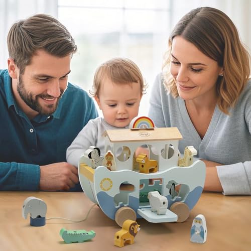 Joyreal Wooden Noah's Ark Toy for 1 Year Old Baby Boy and Girl Baptism Gift - Neutral Color Montessori Educational Toy with Animal Shape Sorter - Christian Toys for Toddler 1-3 Christmas Birthday Gift