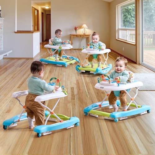 VEVOR 4-in-1 Baby Walker, Folding Baby Activity Center with Wheels, 3 Adjustable Height, Music & Toys Tray, Learning-Seated | Walk-Behind | Rocker | Bouncer Toddler Walker for Girls Boys 6-24 Months