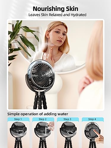 Wavmill Misting Stroller Fan, 6000mAh Battery Operated Portable Fan with Light & 360° Pivoting, Personal Fans with Flexible Tripod for Baby, Office, Travel,Treadmill,Outdoors