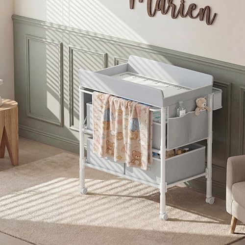 BOLUO Baby Changing Table with 4 Drawers, Waterproof Diaper Changing Station with Storage, Adjustable Height Baby Changing Station for Mobile Nursery Grey