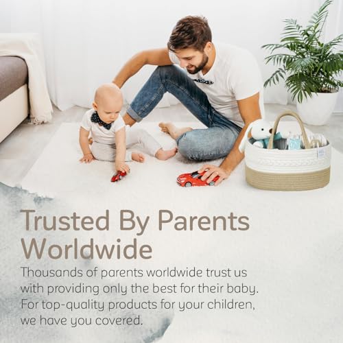 KiddyCare Woven Diaper Caddy Organizer, Large Gray Multi Functional Portable Baby Basket with Handle, Baby Gift for Boy/Girl Nursery Storage, Organization, and Modern Car Diaper Caddy Natural Large