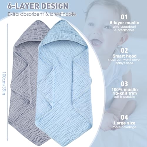 Synrroe Baby Hooded Bath Towel 2 Pack, 100% Muslin Cotton, 32x32 Inch - Matching Trim & Hood, Soft Absorbent Baby Toddler Towel for Newborns & Infants, Blue and Misty
