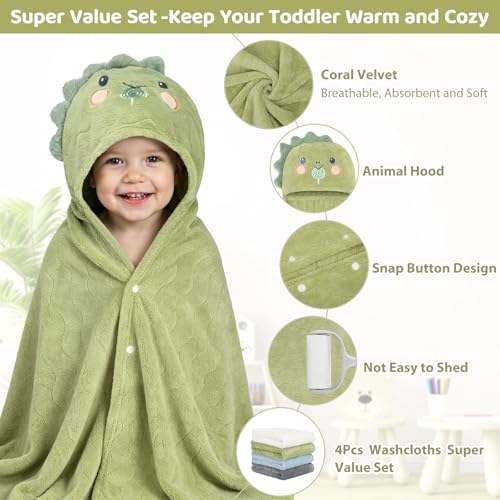 6 PCS Toddler Towels Set for Boy Girl 0-5 Year, 2 PCS Absorbent Hooded Baby Bath Towels Large 55" x 27.5" & 4 PCS Washcloths, Ultra Soft Toddler Newborn Bath Essentials Gifts, Dinosaur & Elephant