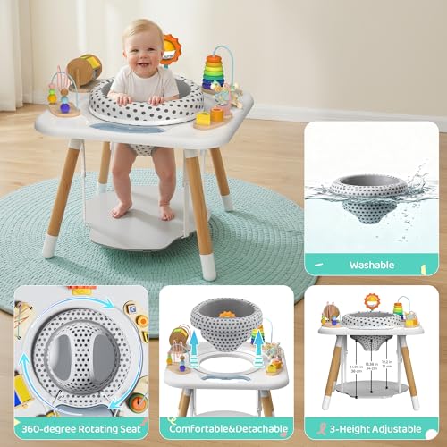 Kizfarm 3-Stage Baby Activity Center, Montessori-Inspired Design, 7 Interactive Toys with Teether, Exersaucer&Toddler Table, Shower Gift, 3 6 12 Month Old Baby Essential, Toy for Baby Infant Toddler