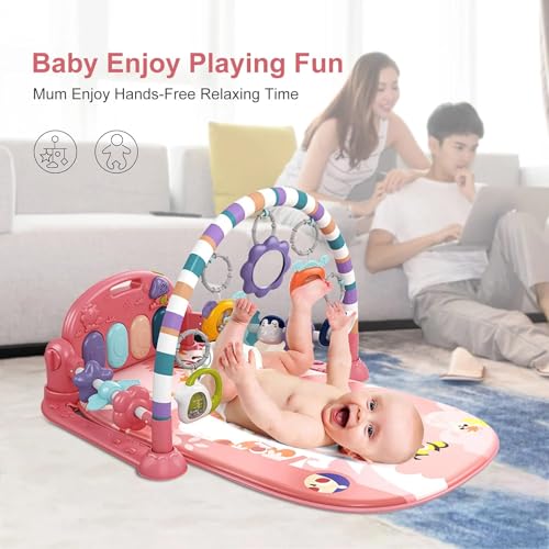 Baby Gym Play Mat, Piano Kick and Play Lights and Music Tummy Time Toys Infant Musical Activity Gym Mat for Visual, Hearing, Sensory, Gift Suitable for Newborns Aged 0 to 3 6 9 12 Months (Pink)