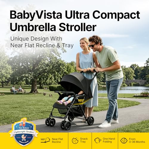 BabyVista Lightweight Umbrella Stroller, Travel Stroller with Near-Flat Recline & Snack Tray, Compact Folding with One Hand, UPF50+ Sun Canopy, Theme Park Approved