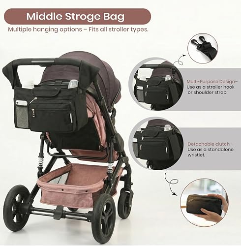 Kovire Black Universal Stroller Organizer with 2 Insulated Cup Holders, 3-in-1 Stroller Caddy with Detachable Phone Bag & Non-Slip Shoulder Strap, Fits Uppababy, Nuna, Doona, Baby Essentials