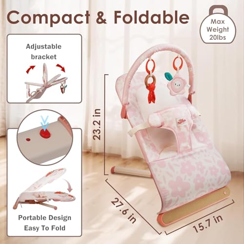 Tiny Marvels Baby Bouncer, Portable Infant Bouncer Seat with Soothing Music & 3-Point Harness, Foldable and Lightweight for Newborn to Toddler 0-12 Months, Under 20 lbs
