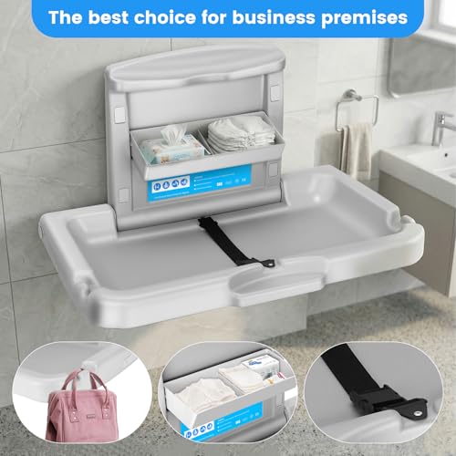 Baby Changing Station Wall Mounted,Commercial Baby Changing Station with Safety Strop,Foldable Wall Mounted Changing Table for Commercial Bathroom,Suitable for Commercial, Hotels & Airports