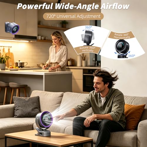 duludulu Portable Clip on Fan, Rechargeable USB Desk Fan with Turbo Airflow, 100 Speeds LED Display, 360° Rotation, Small Quiet Battery Powered Fan for Stroller Outdoor Travel Camping Golf Cart, Grey
