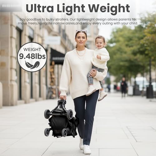 QPlay Travel Stroller for Baby & Toddlers Ages 6 Months to 4 Year Old – 9.48lbs Lightweight & Ultra-Compact Umbrella Stroller with One-Hand Fold, Airplane Carry-on Size, Reclining Seat (Black)