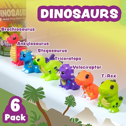 Tub Works® Dinosaur Mold Free Bath Toys, 6 Pack | Sealed, No Hole Bath Toys Design Keeps Moisture Out | Soft, Squeezable & Float on Water | Easy-Grip Baby & Toddler Bath Toy Set | Great Baby Pool Toys