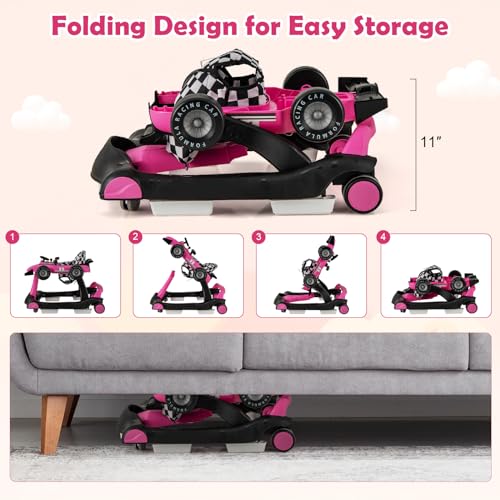 HONEY JOY 4-in-1 Baby Walker, Activity Push Walker w/3 Adjustable Heights, Smooth Wheels w/Adjustable Speed, Padded Seat, Music & Light, Foldable Car Walker for Baby Boys Girls Age 6 Months+ (Pink)