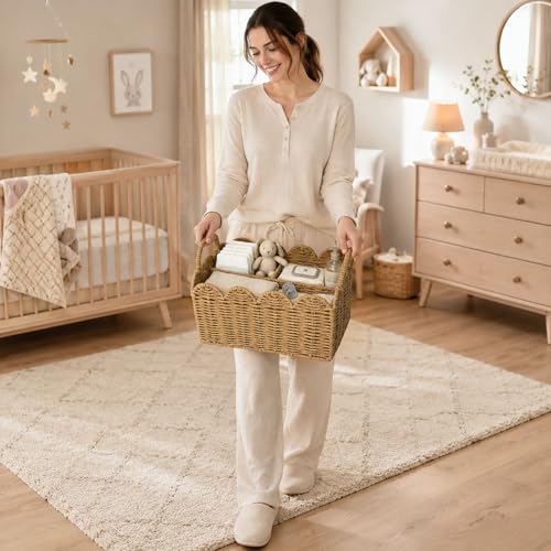 wwmayfeel Diaper Caddy Organizer, Paper Rope Storage Baskets Nursery Bin with Removable Divider, Woven Scalloped Portable Car Organizer for Diapers, Baby Shower Gifts, Newborn Essentials Must Haves