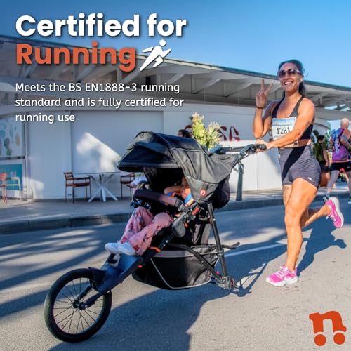 Out’n’About Nipper Sport Jogging Stroller | Lightweight All-Terrain 3-Wheel Stroller | Rain Cover Included | 16” Air-Filled Tires, Suspension, Handlebar Brake | Newborn to 4 Years | Summit Black