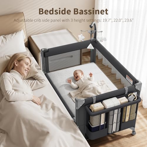 GAIVE 4 in 1 Baby Bassinet, One-Push Setup Pack and Play, Bedside Crib Sleeper with 3 Height Adjustable，Diaper Changer, Come with Comfy Mattress, Rotating Toy Bar, from Infants to Toddlers (Black)